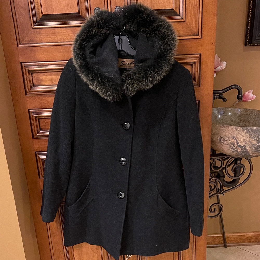 SACHI Black Pea Coat with Fur Trim